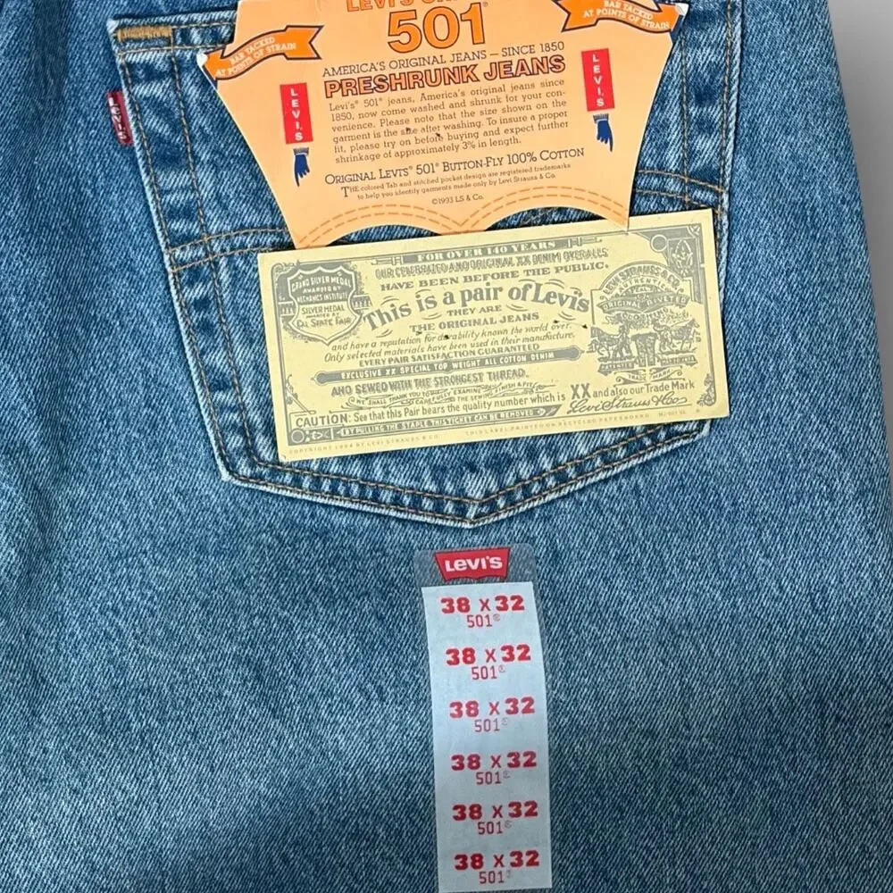 Vintage 1993 Levis 501 Jeans Made in USA Deadstock NWT 38x32 Button Fly Denim
